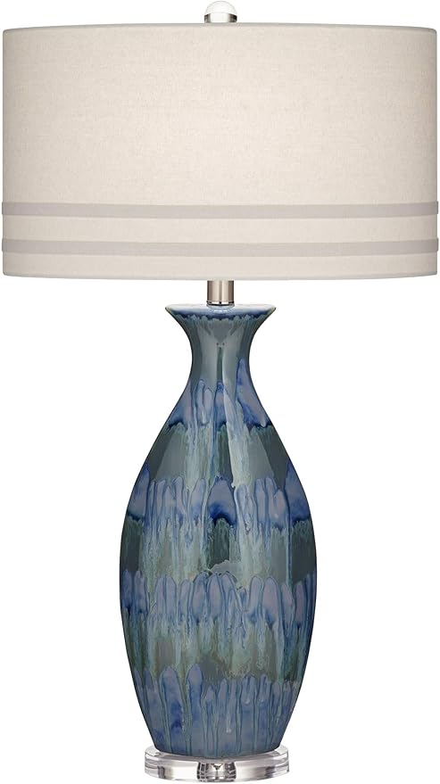 Possini Euro Design Annette Modern Style 3-Way Table Lamp with Table Top Dimmer 38" Tall Blue Drip Ceramic Off White Fabric Oval Shade Decor for Living Room Bedroom House Bedside Home