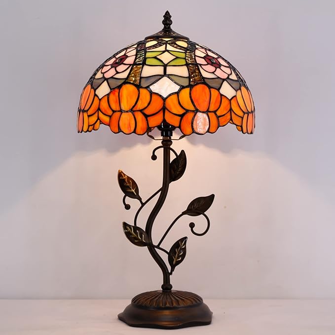 Tiffany Lamp Orange Flower Stained Glass Table Lamp Desk Bedside Reading Light 12X12X19 Inches with Metal Leaf Base Decor Bedroom Living Room