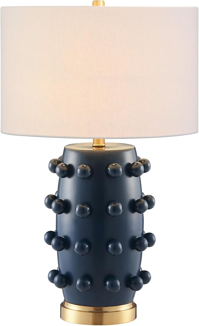 Henn&Hart 25.5'' Modern 1-Light Ceramic Table Lamp with Spherical Orbs on Lamp Body with White Fabric Drum Shade for Living Room, Bedroom, or Office, Matte Navy