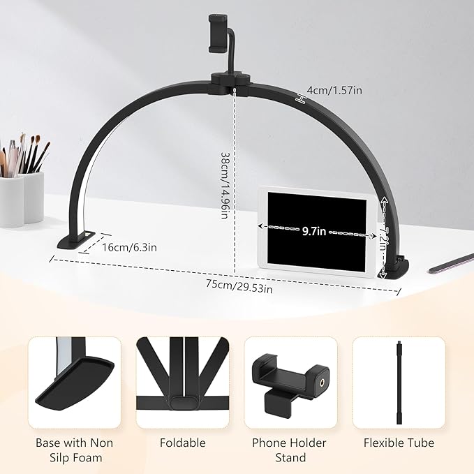 Yokilly Half Moon Light for Nail Desk: 29" Foldable Half Moon Nail Desk Lamp with Phone Holder for Beginner - Arch Tech Light with 3 Color Modes & 10 Brightness for Manicure Salon (Black, Large)