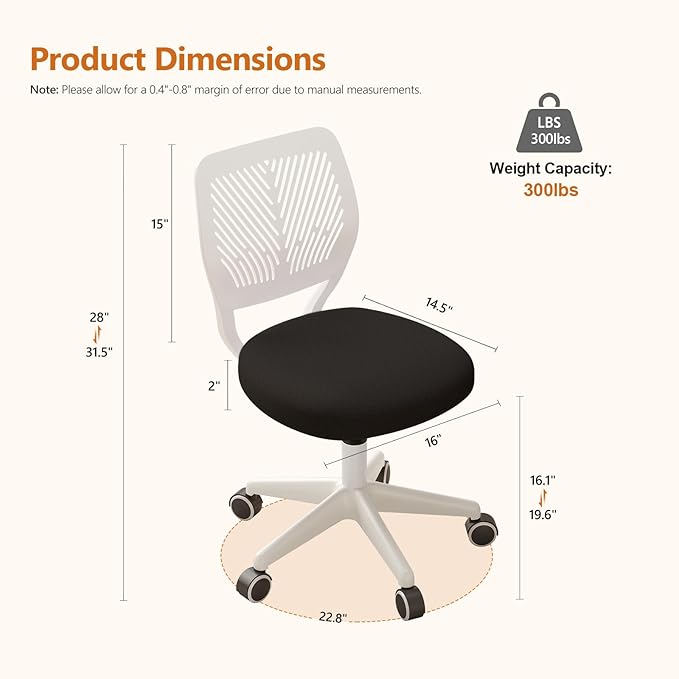 Armless Desk Chair, Height Adjustable Swivel Office Rolling Task Chairs with Soft Mesh Padded Cushion, Ergonomic Small Study Computer Chair for Girls Boys Teens (Black White, 2PCS)