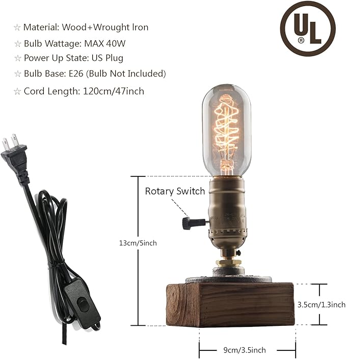 OuXean Vintage Table Lamp, Industrial Nightlight Steampunk Desk Lamp with E26 Antique Lamp Holder for Bedroom Living Room Home Art Display Cafe Bar Studio Antique Decor, Push Button(Without Bulb)