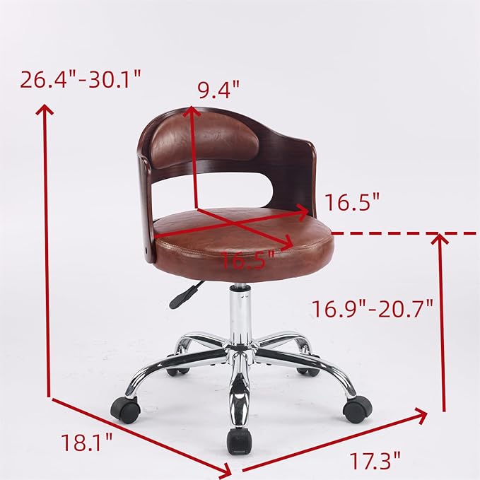 VINGLI Armless Home Office Desk Chair, Adjustable Swivel Chair,Dual-Use with/no Wheels,Small Retro Designed Walnut Curved Task Chair,Cushioned Nail Tech Chair for Study Area,Workspace,PU,Brown