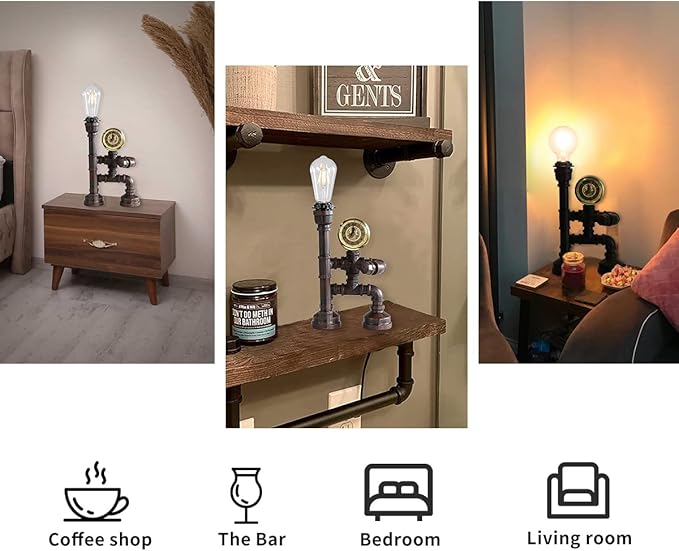 Water Pipe Table Lamp Robot Style- Retro Industrial Table Light- Antique Steampunk Metal Desk Lamp Bedside Lighting Fixture for Office, Reading Kids Room, Cafe Bar (Bronze-Style E)