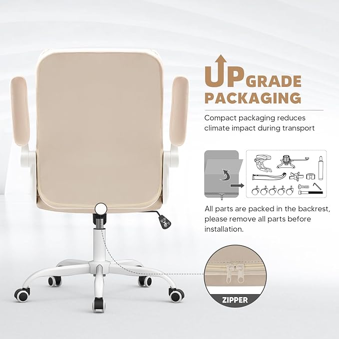 SEATZONE Home Office Chair–Beige Velvet Desk Chair with Wheels, Comfortable Computer Work Chair with Flip-up Arms and Adjustable Tilt