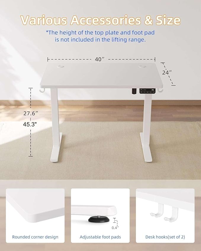 YIHAYO Electric Standing Desk, 40 x 24 Inches Stand Up Desk with Splice Board, Adjustable Height Desk, Computer Desk for Home Office, White Frame/White Top