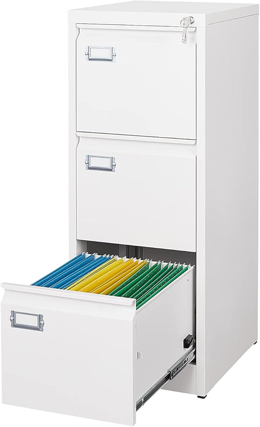 Metal Vertical File Storage Cabinet, 3 Drawer File Cabinet with Lock, 18" Deep Vertical Filing Cabinets for A4 Legal/Letter Size, Assembly Required (3 Drawer - White)