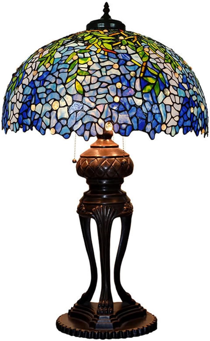 Tiffany Lamp Table Lamp Rose Dragonfly Tulip Wisteria Grape Peach Kapok Peony Apple Flower Design Stained Glass Lampshade Desk Lamp for Girl Living Room Iron Base W20 XH32,Wisteria