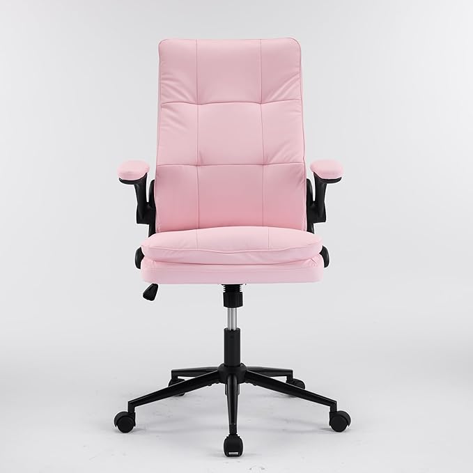 VINGLI Comfy Pink Leather Office Desk Chair,High-Back Ergonomic Computer Small Gaming Chair with/No Wheels,Adjustable Height,Flip-Up Arms,360° Swivel for Vanity,Home Office,Adults,Teen,Girls&Women