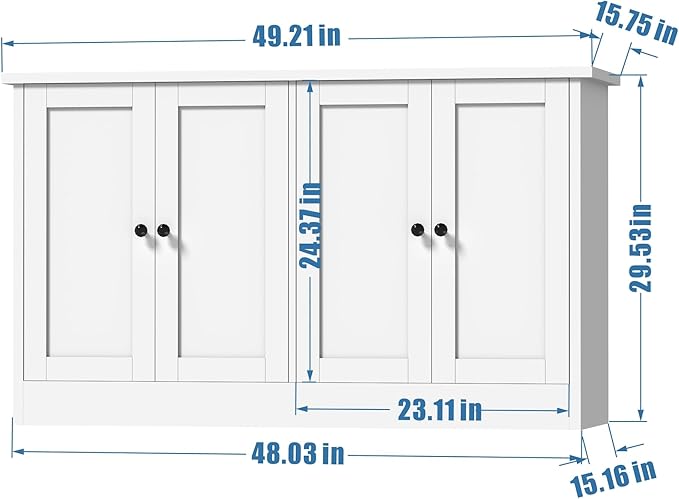 White Buffet Storage Cabinet with 4 Door, 49" W Coffee Bar Cabinet, Kitchen Buffet Sideboard for Living Room, Kitchen
