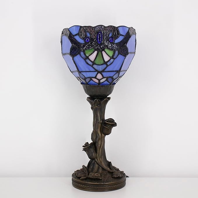 Small Tiffany Lamp Stained Glass Table Lamp Desk Uplight 6X6X13.5 Inch for Bedroom Bedside Office (Blue Baroque)