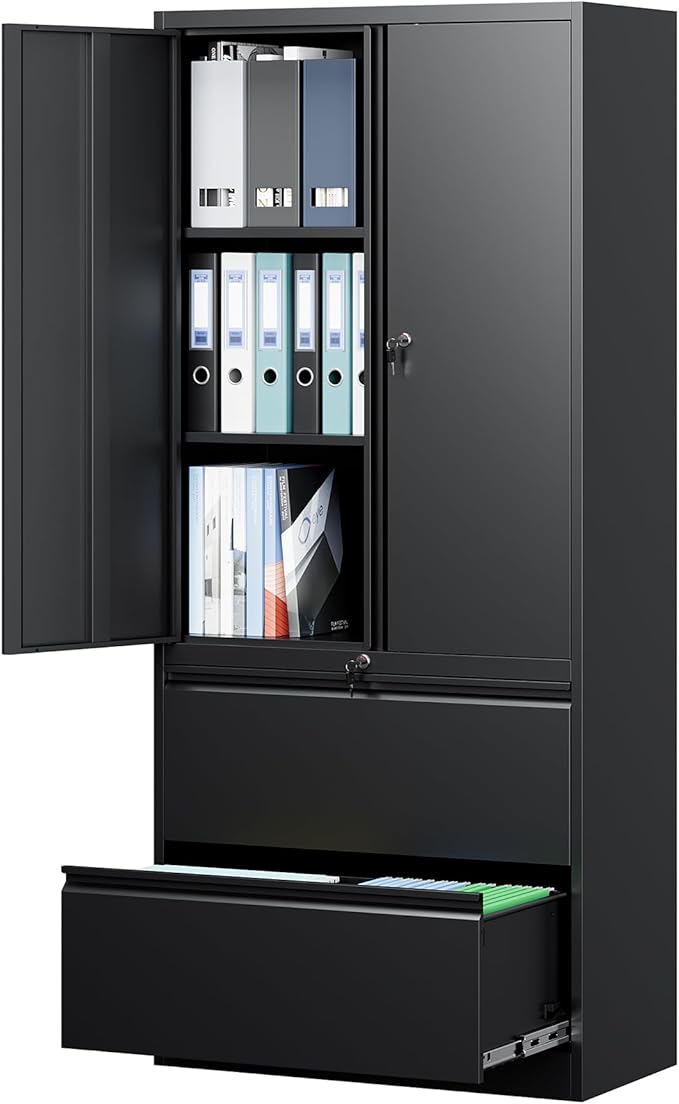 Letaya File Cabinet for Home Office, Metal Storage Cabinets with Adjust Shelves and Lock,2 Drawers Filing Cabinets-Hang Legal/Letter/A4/F4 Size Filing-Black