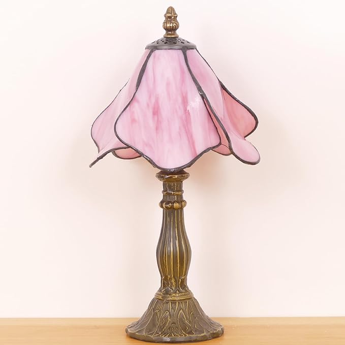 Small Tiffany Lamp Mini Stained Glass Table Lamp Bedside Accent Lamp Memory Sympathy 8X14.5 Inch (Pink)