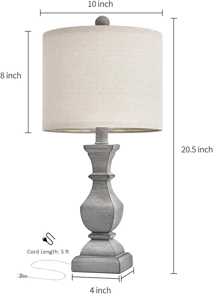 PoKat 20.5'' Table Lamps Set of 2, Vintage Bedside Lamps for Bedroom, Farmhouse Lamp for Living Room, Small Lamp for Nightstand, Retro Side Table Lamp, Grey