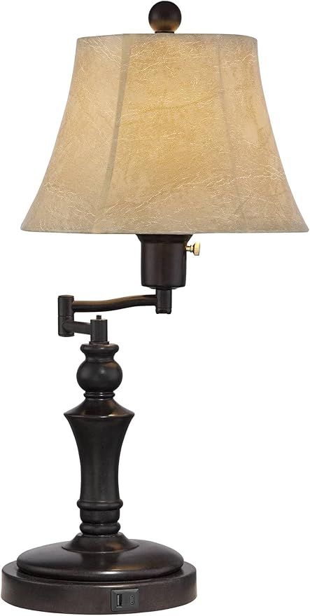 Regency Hill Corey Traditional Natural Cottage Swing Arm Desk Table Lamp with Hotel Style USB Charging Port 21.75" High Bronze Metal Faux Leather Bell Shade Living Room Bedroom House Bedside
