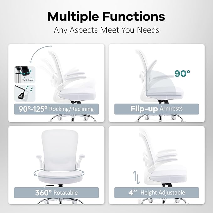 Office Chair,Ergonomic Desk Chair with Adjustable Lumbar Support, Mesh High Back Computer Chair with Flip-up Armrests,Rocking Tilt Rolling Swivel Executive Chair for Home Office White