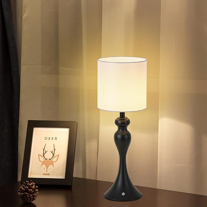 Table Lamp for Bedroom, Cordless Bedside Lamps for Living Room, Touch 3-Way Dimmable Desk Lamp for Night Stands, Rechargeable, Battery Operated Lamp with Fabric Shade for Dorm, Home Office (Black)