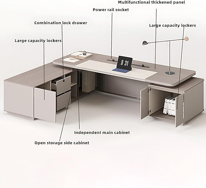 L-Shaped Executive Desk: Solid Wood Office Desk with Storage Drawers & Integrated Cable Organizer, Easy Assembly (126.0")