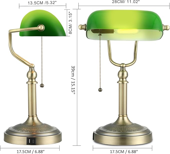Newrays Green Glass Bankers Desk Lamp with Pull Chain Switch Plug in Fixture,USB Fast Charging Port