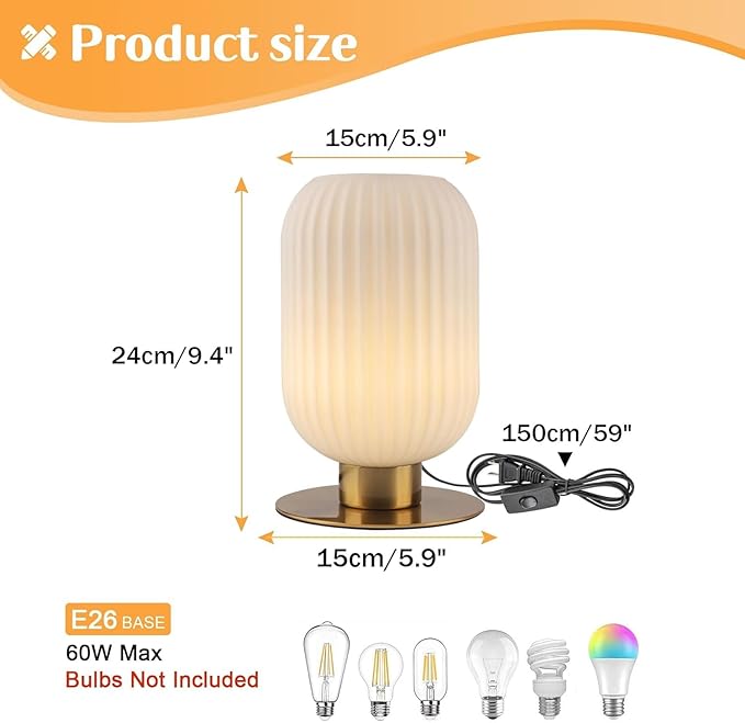 Mid Century Modern Bedside Lamp Set of 2, White Nightstand Lamp Glass Bedside Lamp with Round Metal Base, Vintage Gold Table Lamp Small Table Lamp for Bedroom Living Room Office