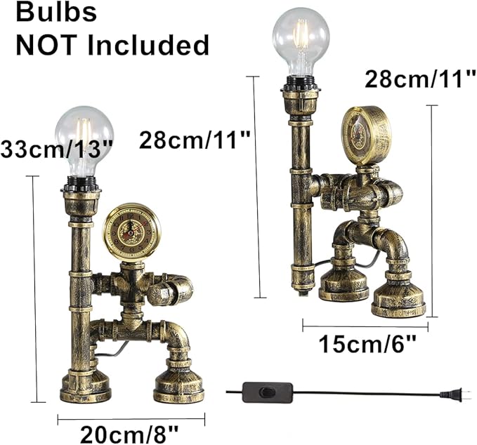 Water Pipe Table Lamp Robot Style- Retro Industrial Table Light- Antique Steampunk Metal Desk Lamp Bedside Lighting Fixture for Office, Reading Kids Room, Cafe Bar (Bronze-Style E)