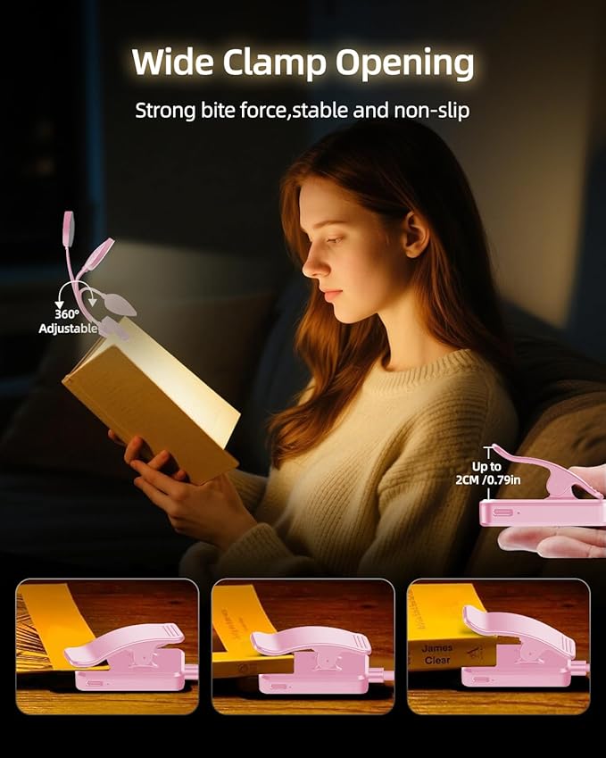 Rechargeable Book Lights for Reading at Night - Eye,3 Color Temperatures,3 Brightness Levels,Flexible Goose Neck Clip on Light,Reading Lights for Books in Bed with Power Indicator Bookworms (Pink)