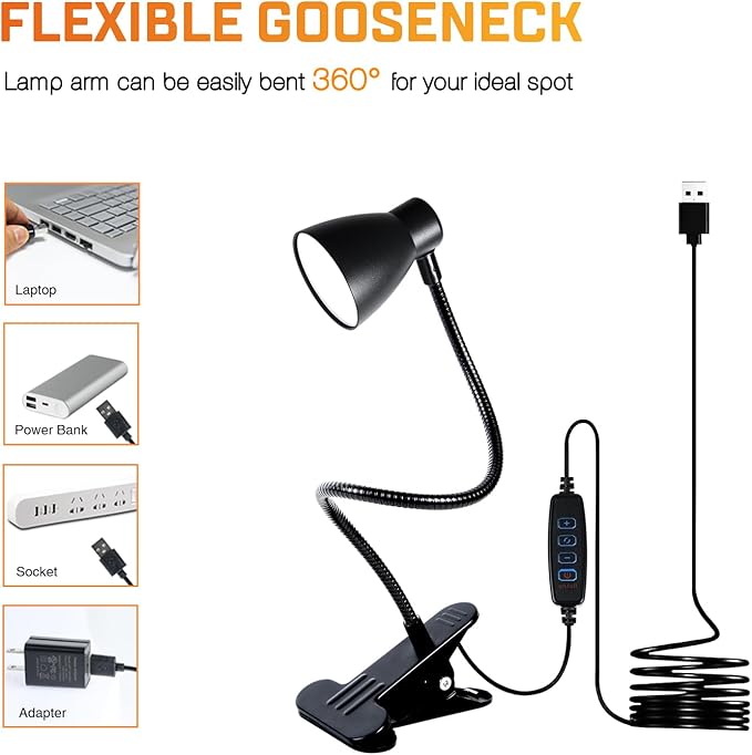Clamp Desk Lamp, Clip on Reading Light, 3000K-6500K Adjustable Color Temperature, Multiple Illumination Modes, CRI>90, 6Watts (Adapter Not Included)