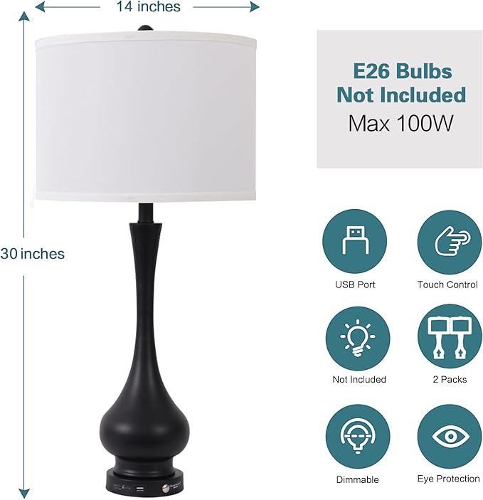 Touch Control Table Lamp Set of 2, 3-Way Dimmable Nightstand Lamp Sets with Linen Fabric Shade, Bedside Lamp with USB Port & E26 Socket, Modern Tall Table Lamp