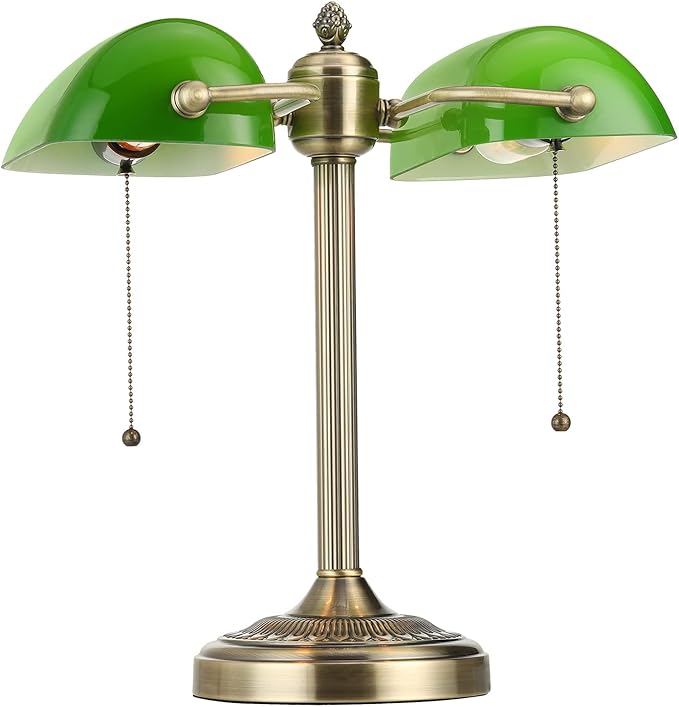 Newrays Glass Bankers Desk Lamp with Pull Chain Switch Plug in Fixture (Green-2L, Classic)