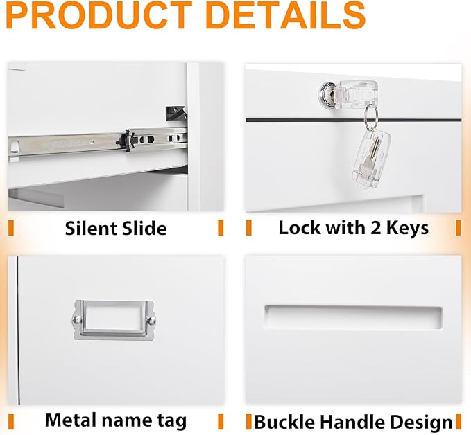 Lateral File Cabinet, Metal Filing Cabinet with Lock, 3 Drawer File Cabinets for Home Office, Office Cabinet for Hanging Files Letter/Legal/F4/A4, Assembly Required, White