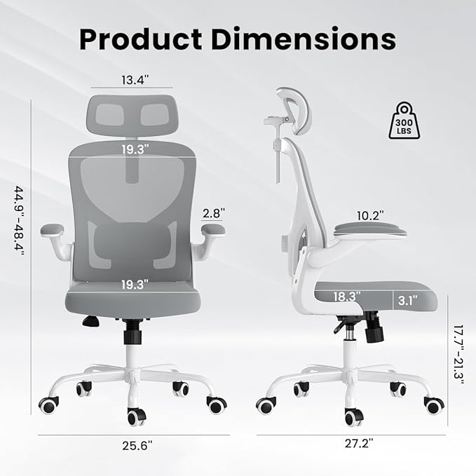 Soohow Ergonomic Office Chair, Office Mesh Desk Chair with Adjustable Lumbar Support Armrests, Comfy Computer Desk Chair with Headrest, for Home and Office, White & Grey