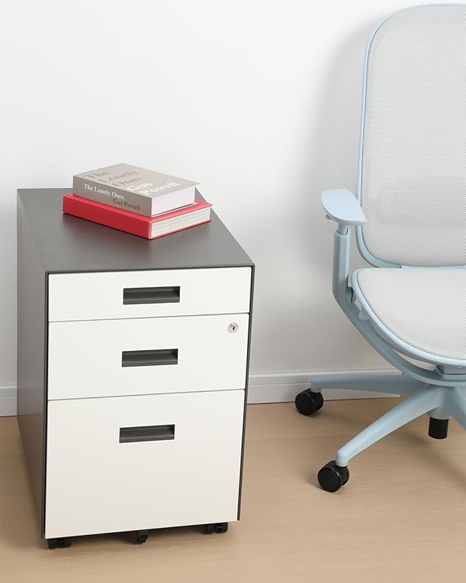 Teno 3 Drawer File Cabinet with Lock - Under Desk Metal Filing Cabinet, Legal/Letter File Folders, Wheels, Fully Assembled, White/Gray