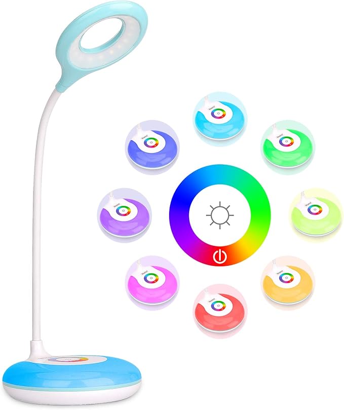 2 Pack LED Desk Lamp Cordless Rechargeable Battery Operated Table Light Adjustable Gooseneck Dimmable Touch Control Color Changing RGB Eye-Caring Base Night Light for Kids with USB Charging Cable
