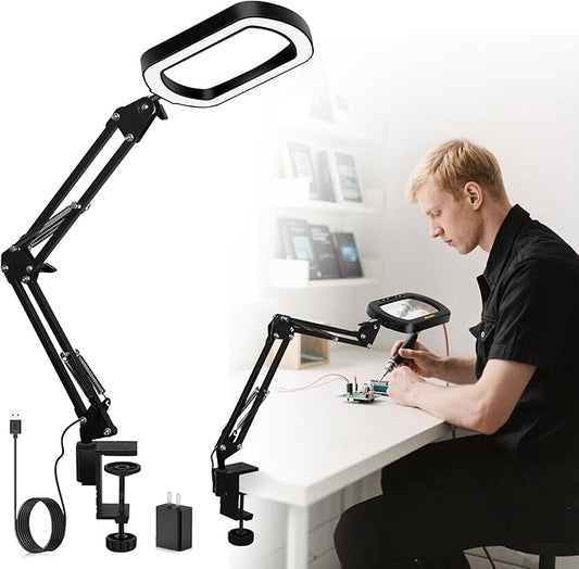 Magnifying Glass with Light Square Magnifier Desk Lamp 10X Close Up Work for Desktop Bench Crafting, Reading, Sewing, Ultra Stable Swing Arm, 5 Color Modes Design Rectangle Head