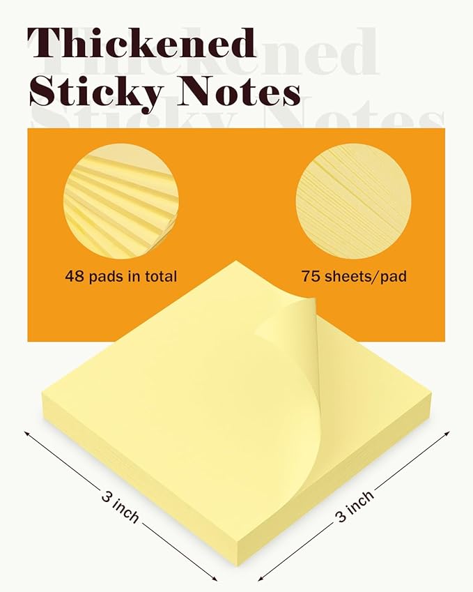 Sticky Notes 3x3 in 3600 Sheets 48 Pads Yellow Self-Stick Memo Pads Clean Removal Durable Adhesive for Office School Home 75 Sheets/pad