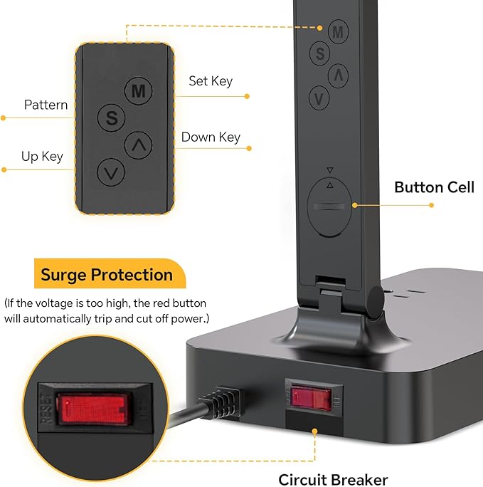 Power Strip with LED Desk Lamp, 2 Outlets 1 USB-A Ports 1 Type-C Ports, Small Desk Lamp with Surge Protection and Led Display, 5ft Extension Cord, 5 Color Modes 5 Brightness, Dorm Room Essentials