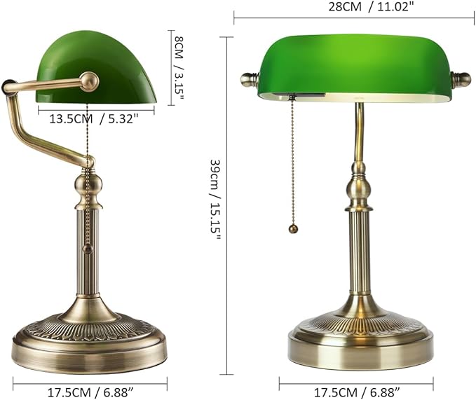Newrays Glass Bankers Desk Lamp with Pull Chain Switch Plug in Fixture (Green-Simple, Simple Style)