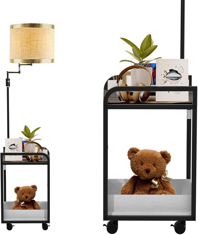Lightdot 63IN Floor Lamps with Storage Table&Basket, Modern Standing Tall Lamps with Adjustable Fabric Lampshade and Movable&Fixed Casters, Coner End Table Lamp for Living Room/Bedroom/Office-Black