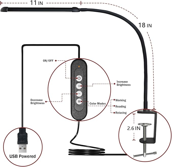 LED Desk Lamp with Clamp, Clamp Light with 30 Adjustable Color Modes, Clip on Light with Long Flexible Gooseneck, Eye Care Lamp Clamp for Study, Work, Home, Office, Black, 12W