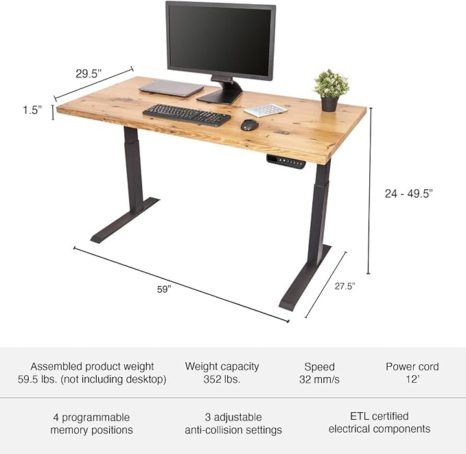 Stand Up Desk Store Reclaimed Wood Electric Adjustable Height Standing Desk with Programmable Memory (Charcoal Frame/Natural Fir Top, 60" Wide)