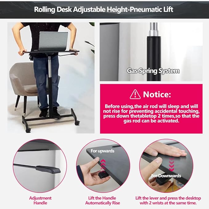Mobile Standing Desk,Rolling Desk Adjustable Height,Laptop Cart on Wheels with Keyboard Tray&Monitor Stand Riser,Overbed Table for Home,Office,Podium (Black)
