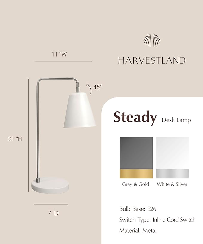 HarvestLand Steady Silver Desk Lamp – Adjustable Industrial Table Lamp with Solid Base, Lamp for nightstand, Desk Lamp Home Office and Bedside Table Lamp