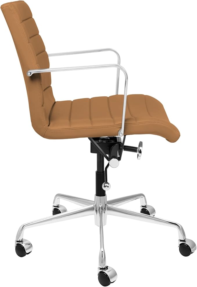 Laura Davidson Furniture SOHO II Ribbed Office Chair - Mid Back Desk Chair, Ergonomically Designed with Arm Rest & Swivel, Made of Faux Leather, Tan, Computer Chair