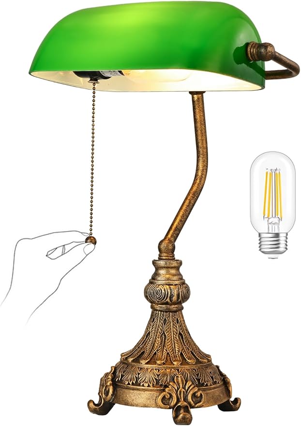 Newrays Vintage Green Glass Bankers Desk Lamp for Home Office,Library with Pull Chain Switch Plug in Fixture, LED Bulb Included