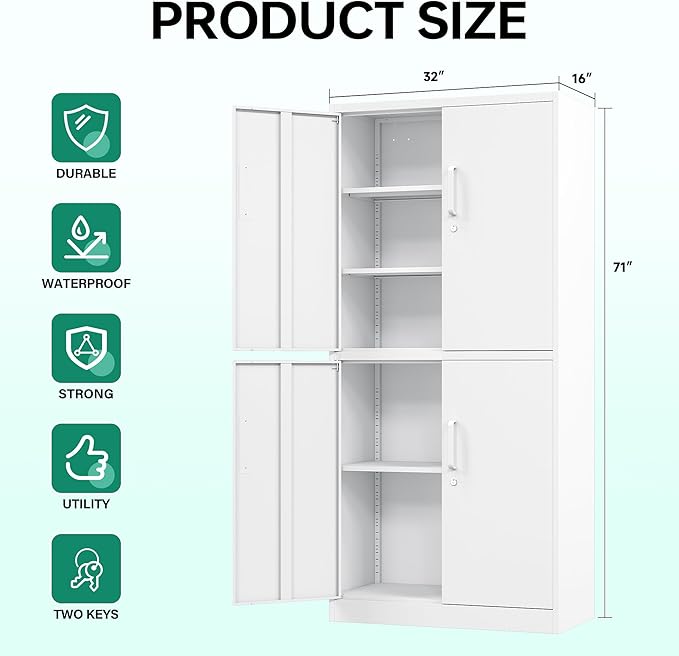 Letaya Metal Storage Cabinet with Lock Door, Adjustable Shelf Steel Cabinets for Office, Home,Pantry,Kitchen,Garage Utility Cabinet (4 Door-White)