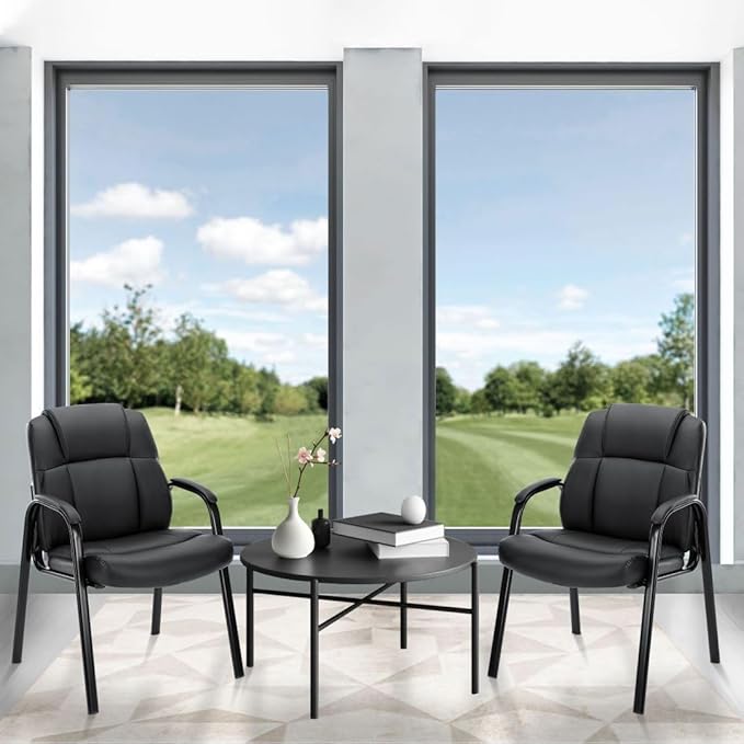 PU Leather Conference Room Chair, Tall Back Chairs with with Padded Arms and No Wheels, Guest Chairs of 2 for Reception Waiting Room Black