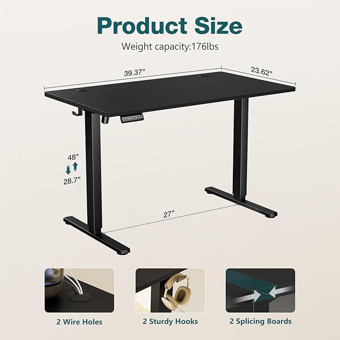 Electric Standing Desk, Adjustable Height Stand up Desk, 40x24 Inches Sit Stand Home Office Desk with Splice Board,Black