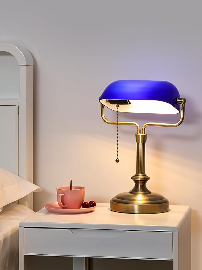 Traditional Banker's Desk Lamp with Glass Shade,Pull Chain Switch, LED Bulb Included (Antique Brass+Blue)