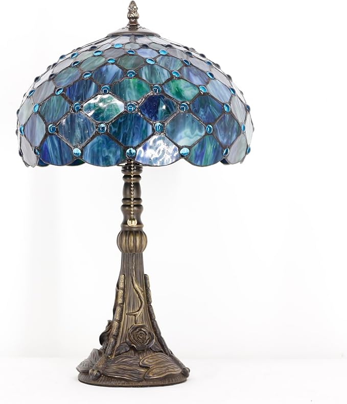 Tiffany Stained Glass Table Lamp 12X12X19 Inch Sea Blue Pearl Style Desk Bedroom Living Room Reading Light (Sea Blue Pearl)