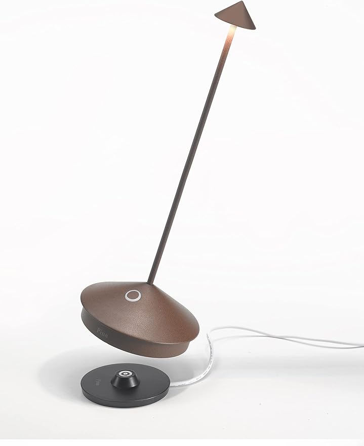 Zafferano Pina Pro Cordless LED Table Lamp (Rust) in Powder-Coated Aluminum, Touch Dimmable, Indoor Outdoor Use, Contact Charging Base, USA Plug